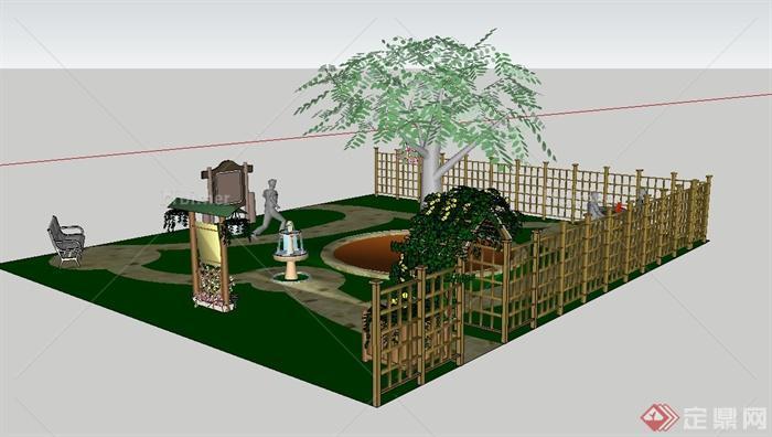 现代中式别墅花园设计su模型[原创]