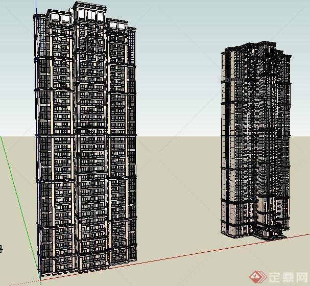 两栋古典风格高层住宅楼建筑设计su模型[原创]