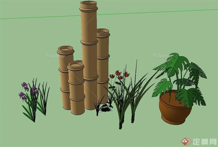 园林景观节点竹制小品与花钵设计SU模型