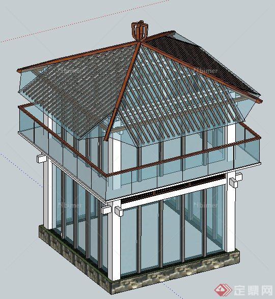 现代简约中式双层玻璃亭su模型