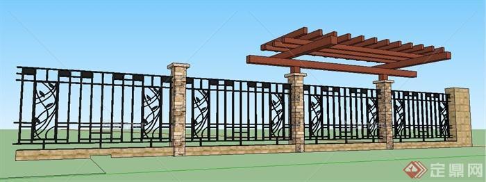 园林景观现代风格铁艺围墙及花架组合su模型