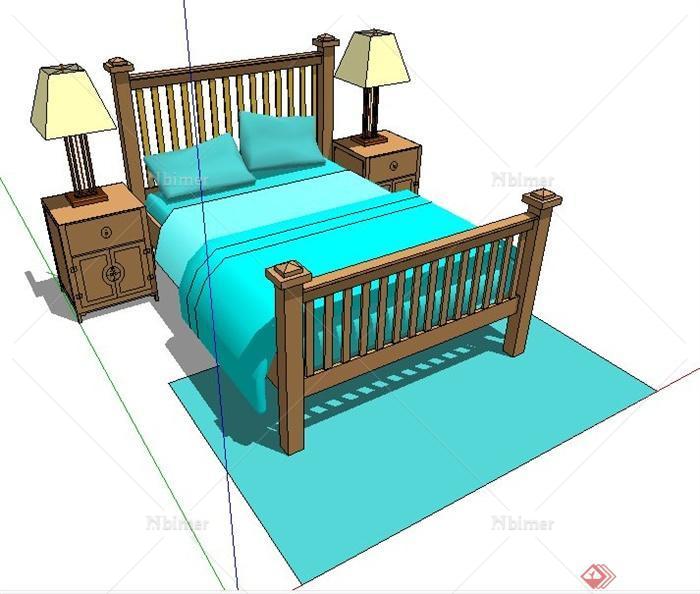 简约中式风格床及床头柜su模型