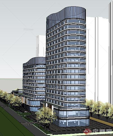 现代风格临街多层两栋办公建筑带两层商业裙楼设