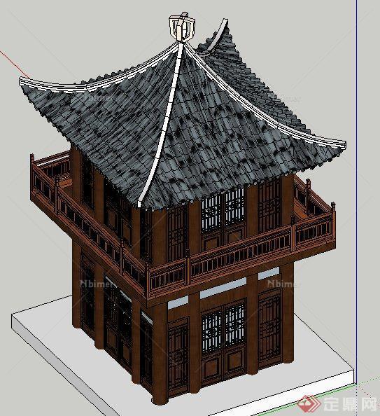 中式风格二层阁楼塔楼设计su模型