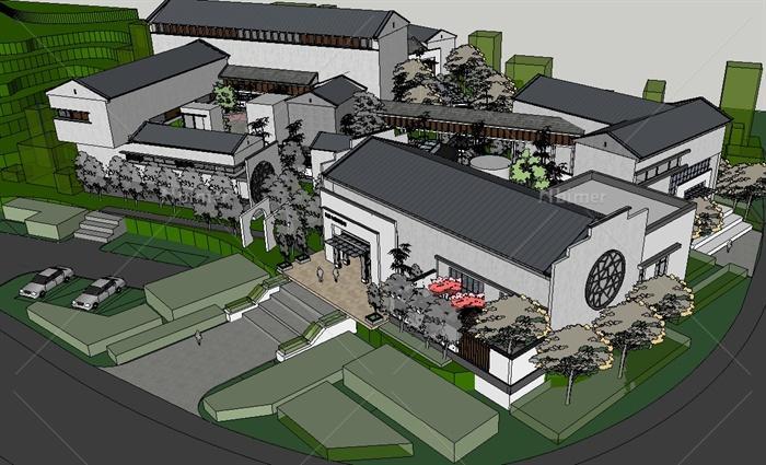 某新中式山地博物馆建筑设计SU模型（附CAD总平面