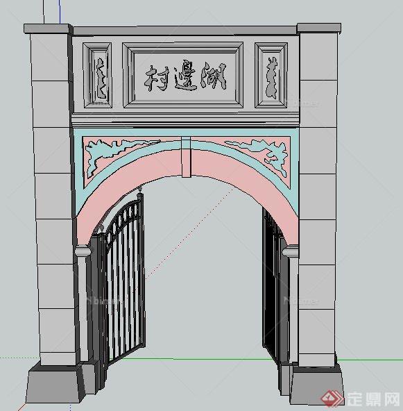 现代中式长方形铁艺门廊设计SU模型