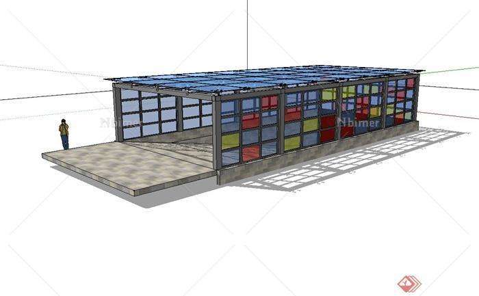 现代简约风格地下车库入口玻璃廊架设计su模型[原