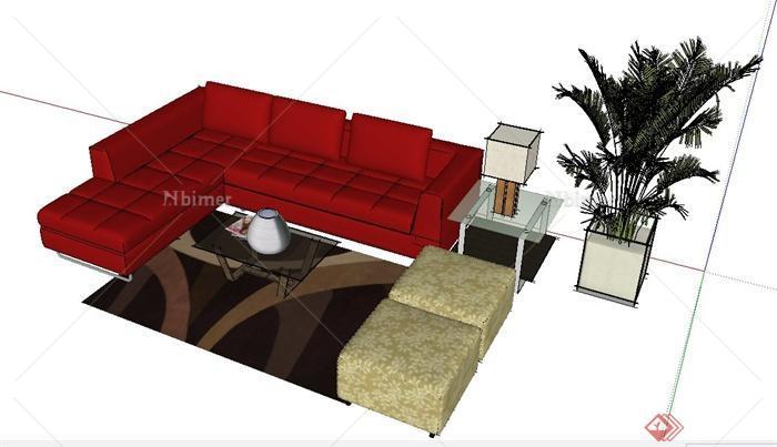 现代室内红色系沙发茶几组合设计SU模型