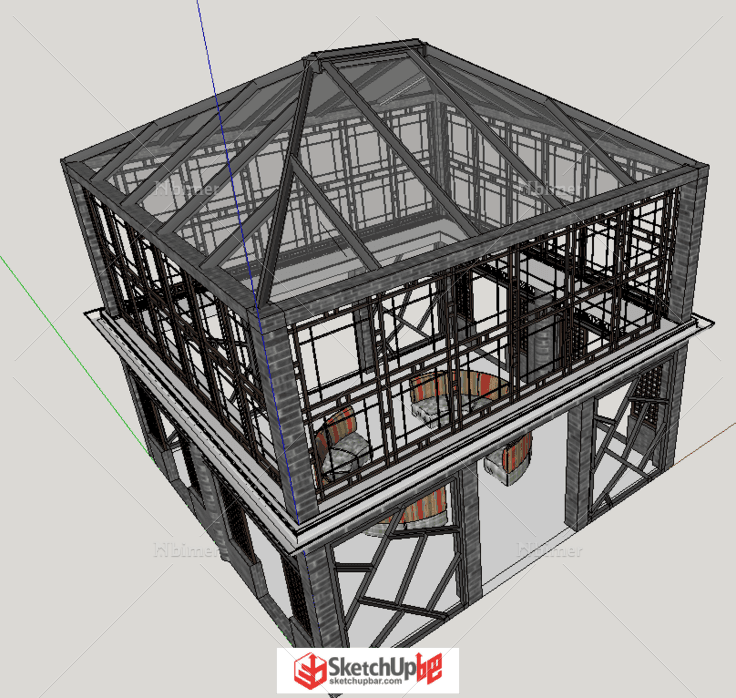 一个原创古建筑SU精细模型的中庭设计