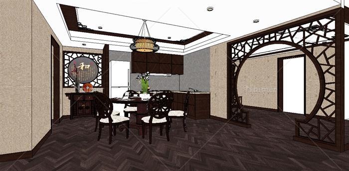 现代中式住宅客餐厅室内设计su模型[原创]