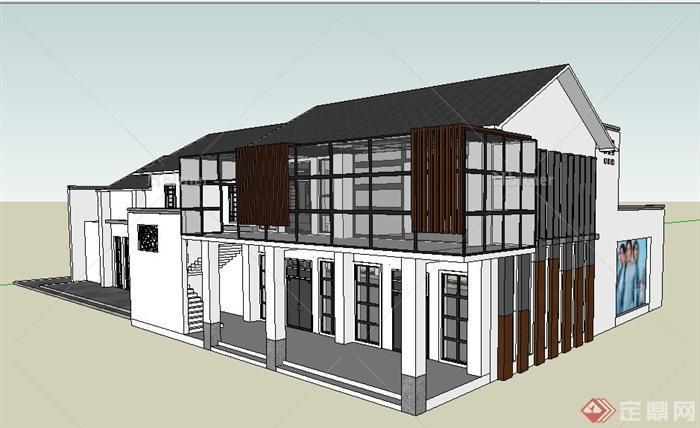 现代中式风格双层商铺建筑设计su模型