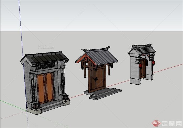 现代中式风格三种四合院住宅门设计su模型[原创]