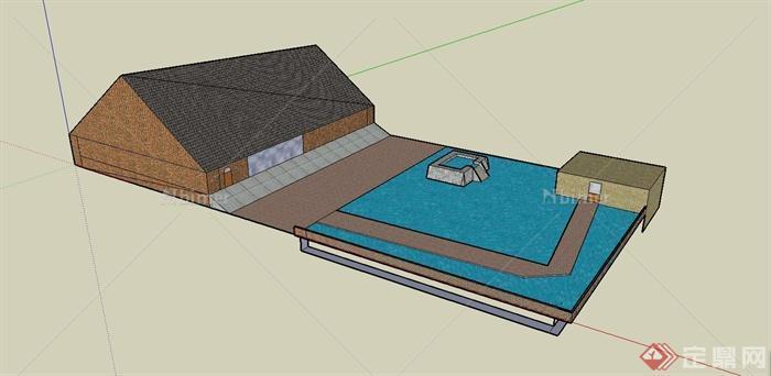 某住宅建筑设计SU模型（带室外水景）