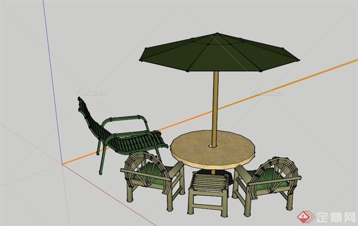 户外遮阳伞躺椅坐凳组合SU模型
