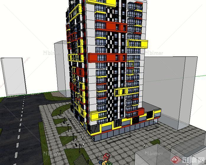 某现代风格宾馆酒店建筑设计SU模型素材46