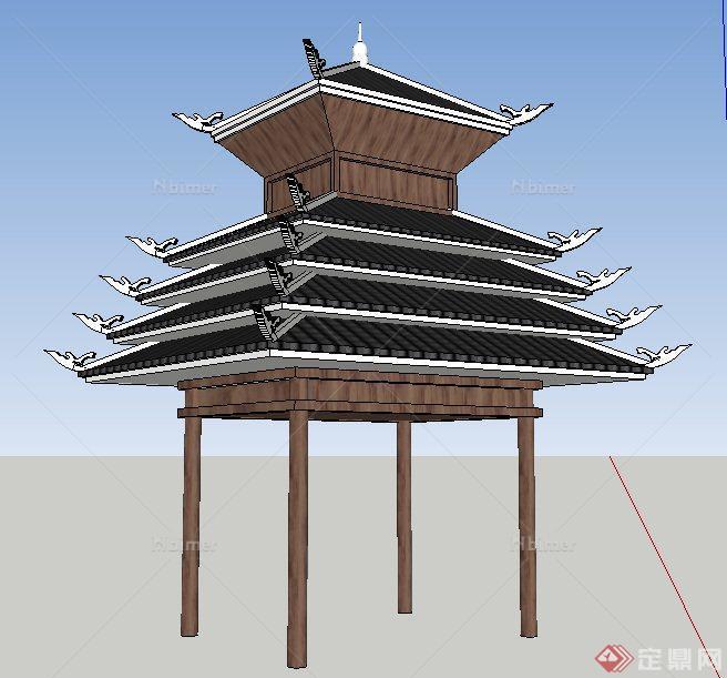 中式风格重檐景观亭su模型