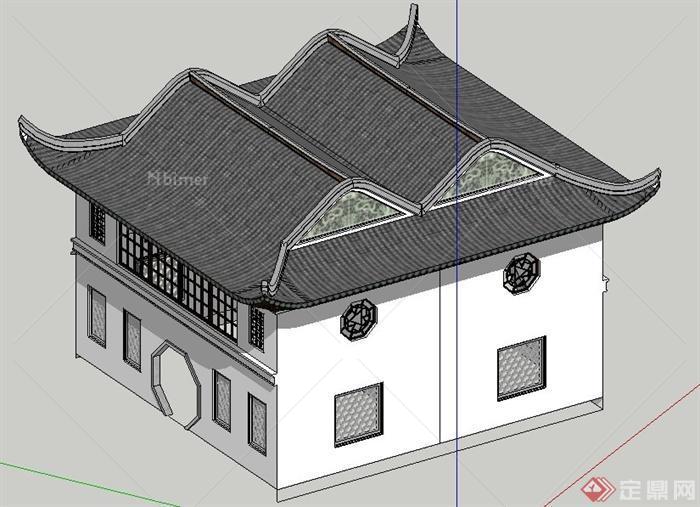 中式风格二层公厕建筑设计su模型