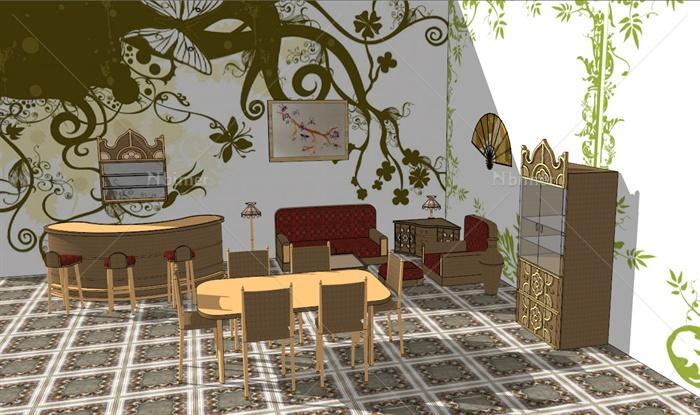 东南亚风格风格室内客餐厅设计su模型[原创]