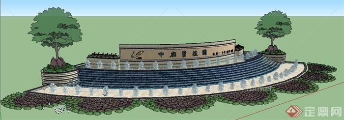 某小区入口水景标志墙su模型