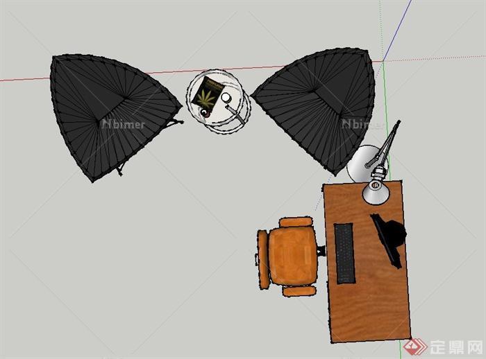 现代室内三角形休闲椅与电脑桌椅设计SU模型