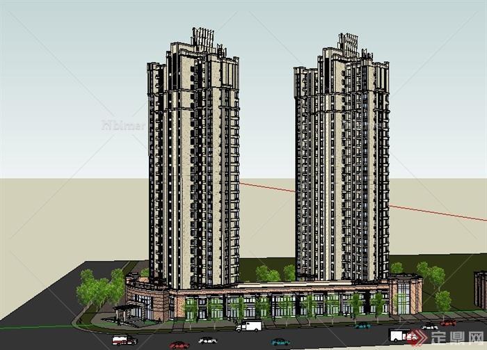 某现代两栋高层商住房建筑设计SU模型