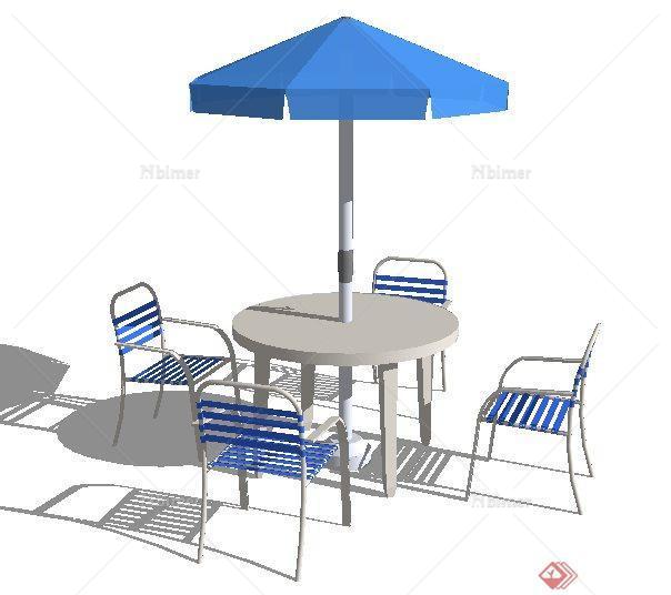 现代蓝色户外桌椅组合及遮阳伞su模型