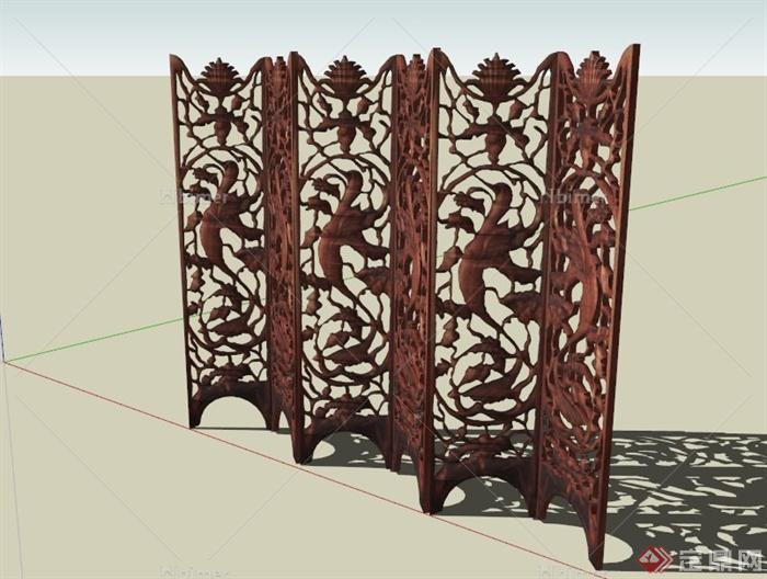 某古典中式木质镂空屏风SU模型