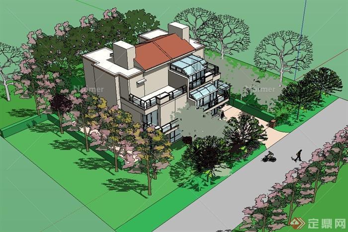 现代风格别墅住宅建筑楼及简单的庭院设计SU模型