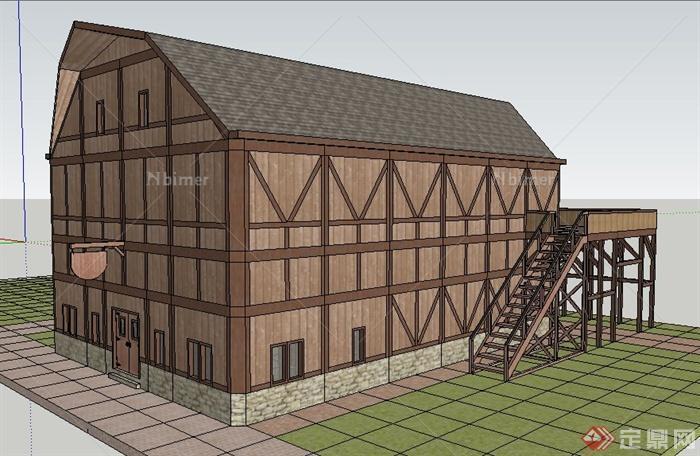 某木制多层仓库建筑设计su模型