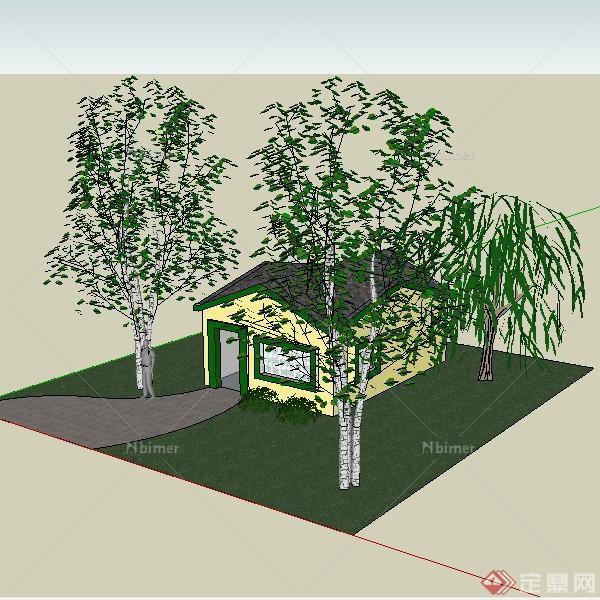 树和房子的景观设计SU模型素材