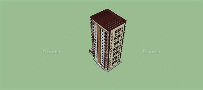 一栋现代14层高层住宅公寓建筑设计su模型[原创]