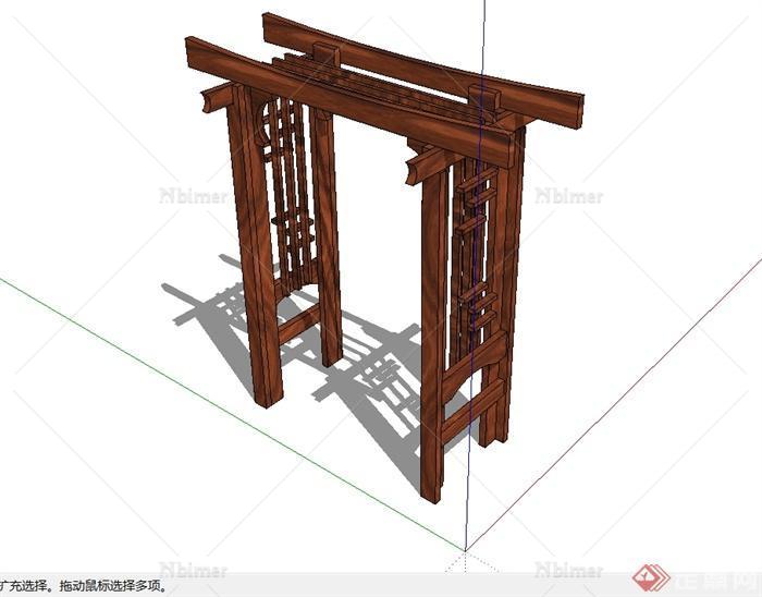 现代中式风格小型全木质廊架设计SU模型[原创]