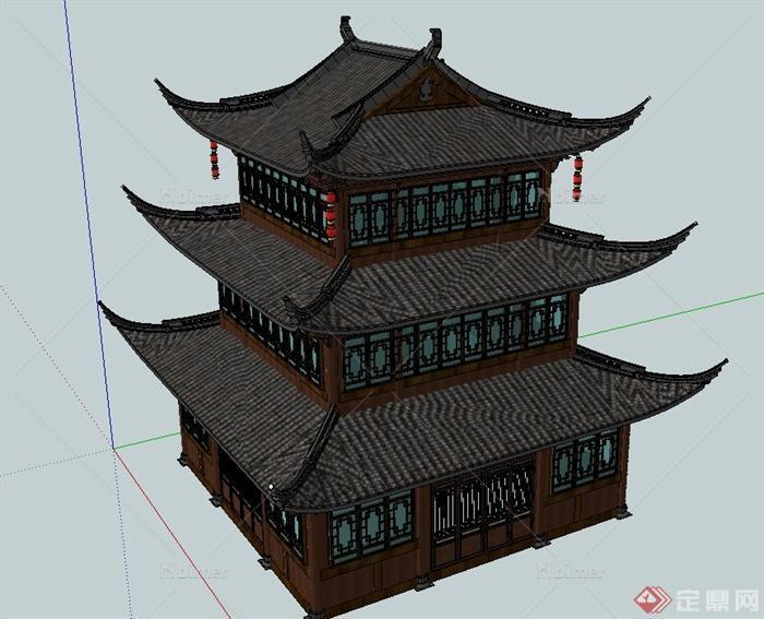 古典中式三层茶楼建筑设计SU模型
