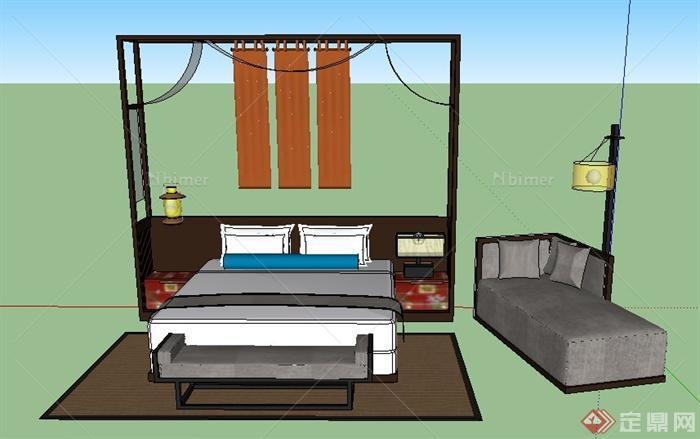 室内装饰中式风格卧室家具组合su模型