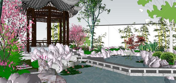 某古典中式风格庭院花园景观设计SU模型素材[原创