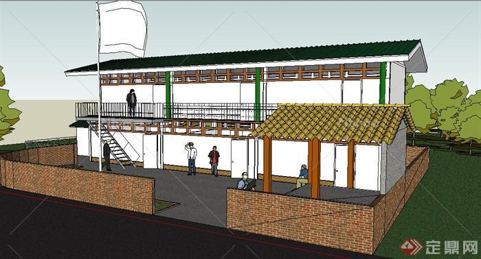 中式风格二层乡村学校建筑设计su模型