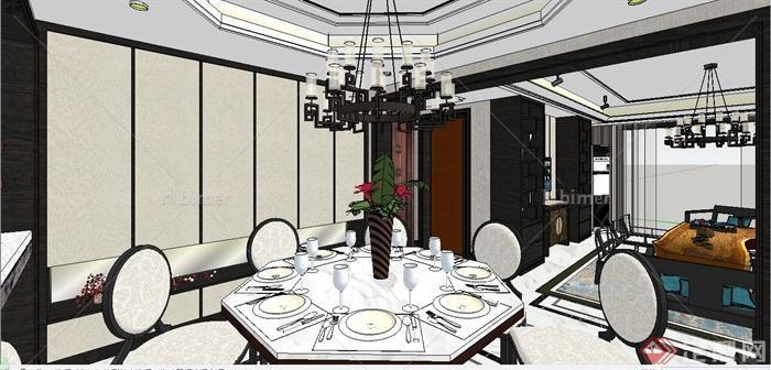 某精致新中式风格客厅餐厅室内装饰设计SU模型[原