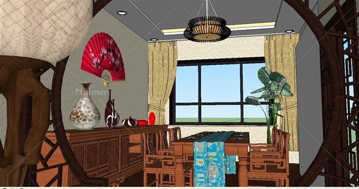 古典中式样板间客餐厅室内设计SU精致模型[原创]