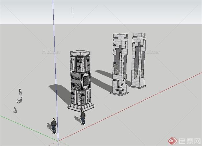 现代中式风格详细浮雕柱建筑设计su模型[原创]