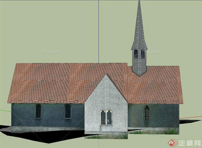 某单层十字形教堂建筑设计SU模型
