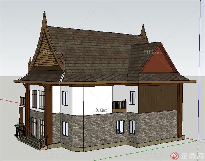 泰式风格二层别墅住宅建筑设计su模型
