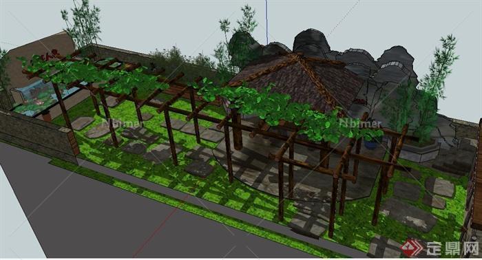 中式住宅屋顶花园景观su模型[原创]