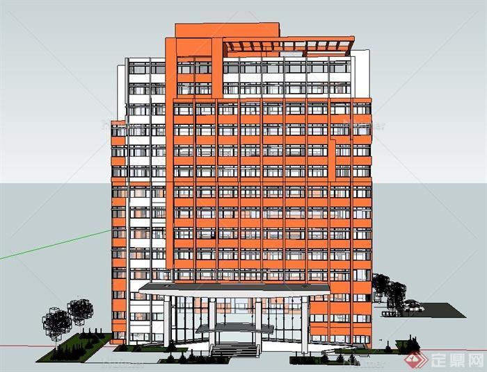 现代某高层独栋橘黄色办公建筑设计SU模型