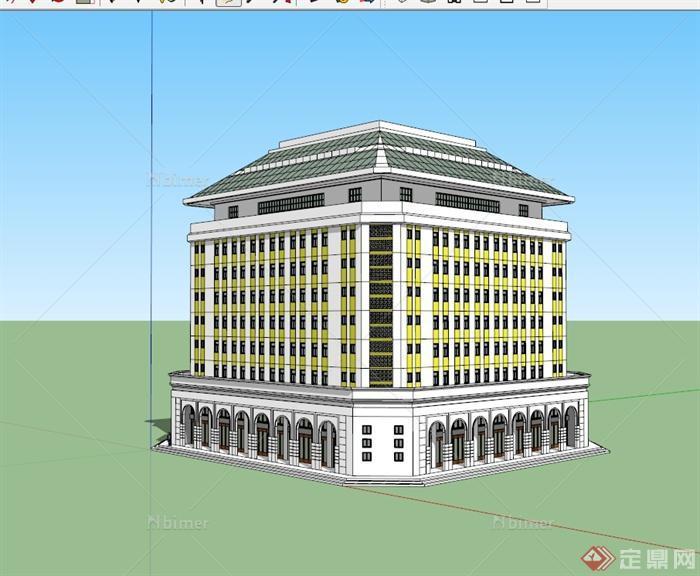 某现代中式风格太阳能办公大厦设计su模型[原创]
