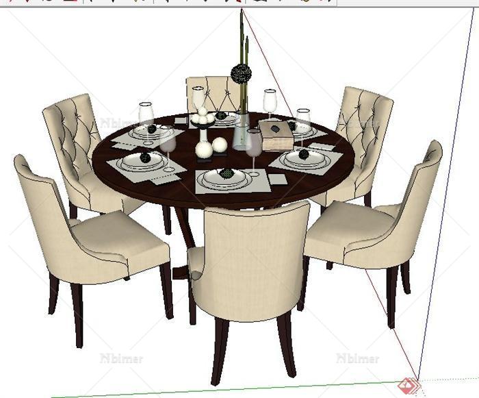 现代风格圆形六人座餐桌椅su模型