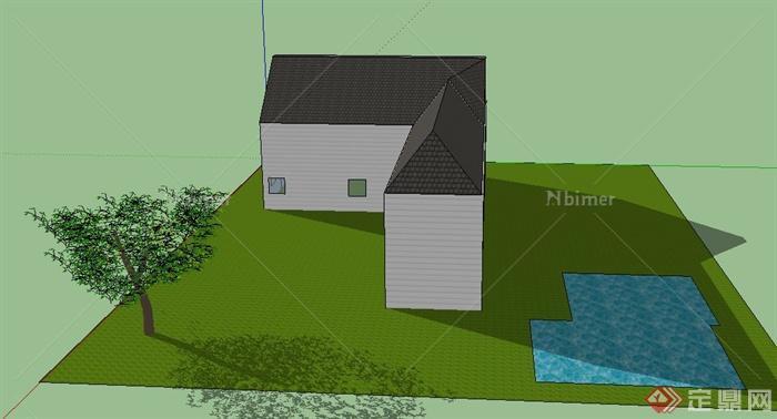 某单层直角住宅小屋建筑设计SU模型