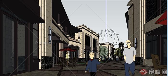 新古典风格步行商业街建筑设计su模型（带街道环