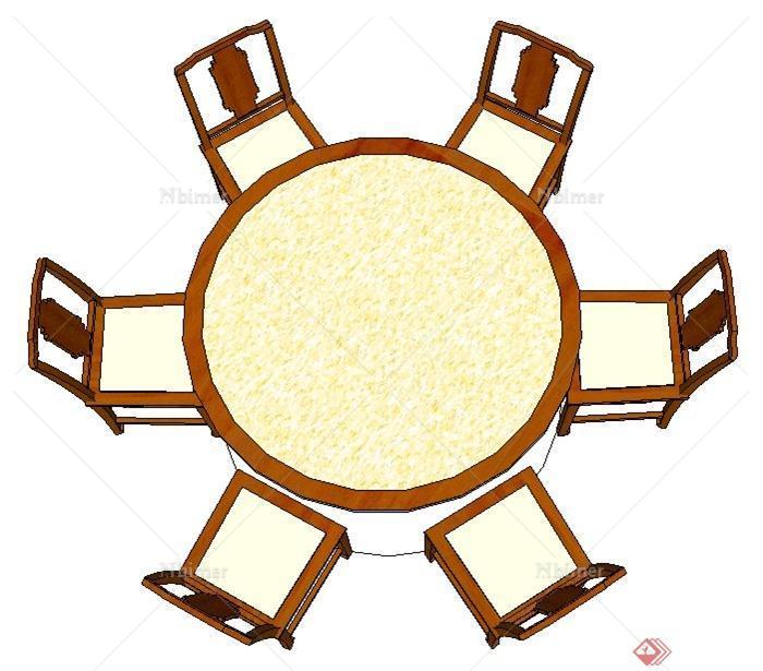 中式六人座圆形餐桌椅su模型