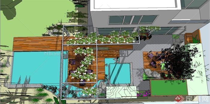 某现代两层住宅建筑庭院花园景观设计SU模型[原创