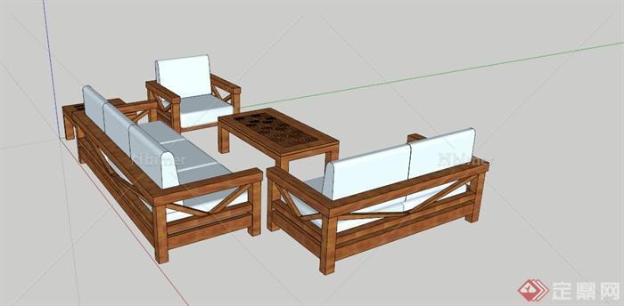现代木质布艺沙发茶几组合SU模型